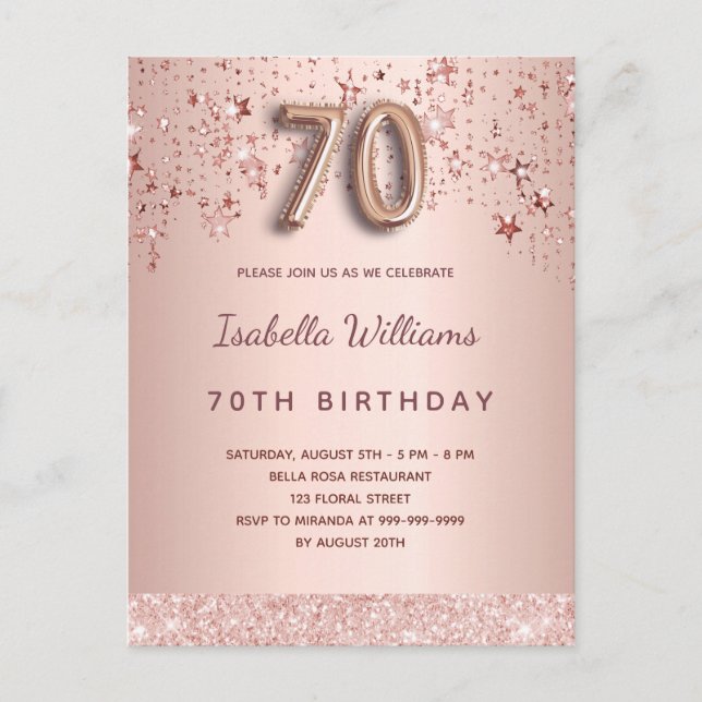 70th birthday blush rose gold stars balloon script postcard (Front)
