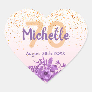 70th birthday blush violet florals name heart sticker
