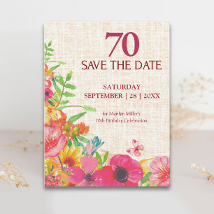 70th Birthday Bold Floral Linen Save The Date Announcement Postcard