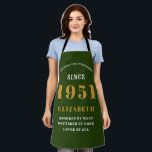 70th Birthday Born 1951 Green Gold Lady's Apron<br><div class="desc">A personalised classic green apron design for that birthday celebration for somebody born in 1951 and turning 70. Add the name to this vintage retro style white and gold design for a custom 70 birthday gift. Easily edit the name and year with the template provided. A wonderful custom birthday gift....</div>