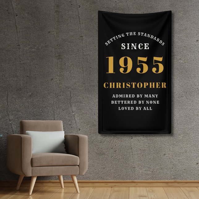 70th Birthday Born 1955 Add Name Black Gold Banner (70th birthday black and gold wall banner for those born in 1955. Personalize with name and year.)
