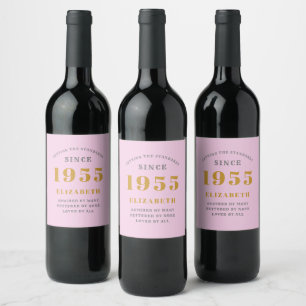 70th Birthday Born 1955 Add Name Pink Grey Wine Label