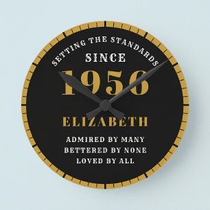 70th Birthday Born 1956 Black Gold Round Clock