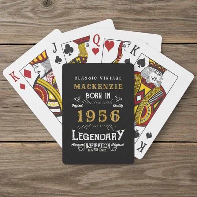70th Birthday Born 1956 Legend Black Gold Playing Cards (Born 1956 playing cards. Wood  background.)