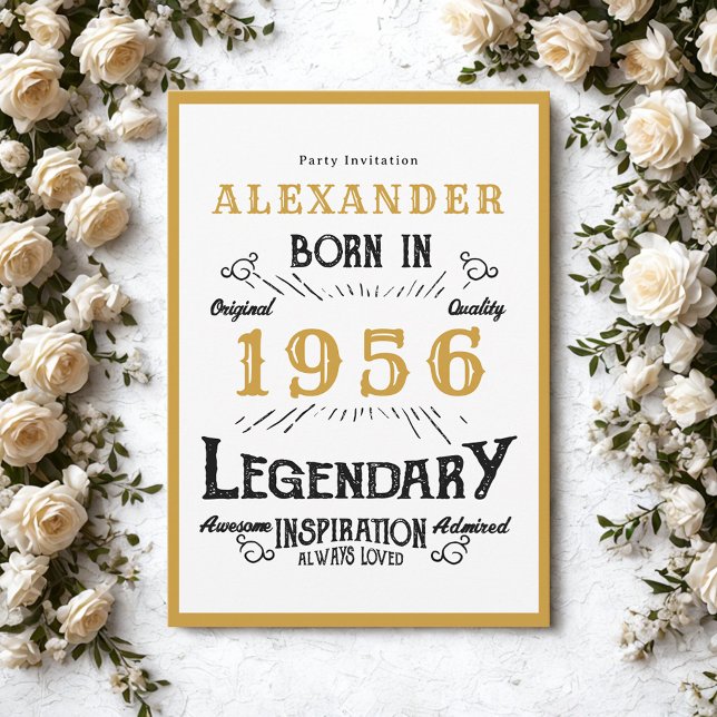 70th Birthday Born 1956 White Gold Legend Invitation (Born 1956 birthday invitation.)