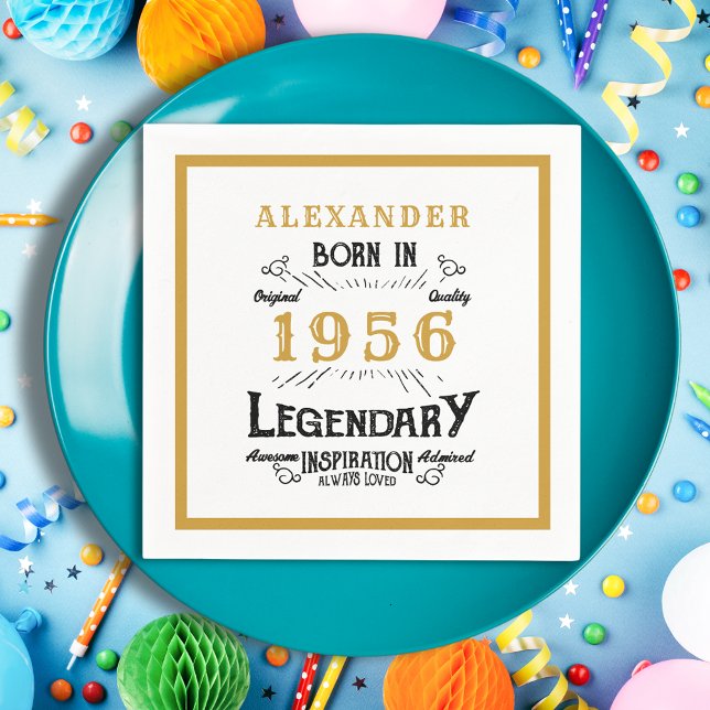 70th Birthday Born 1956 White Gold Legend Napkin (Born 1956 napkin on a blue plate.)