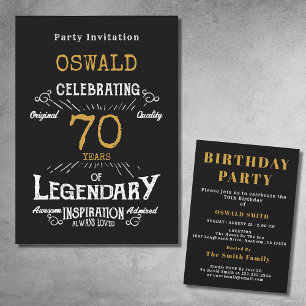 70th Birthday Born Legendary Black Gold Retro Invitation