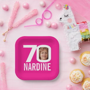 70th birthday bright pink white 70 custom photo paper plate