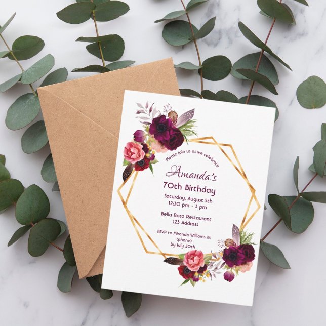 70th birthday burgundy floral gold invitation postcard (Creator Uploaded)