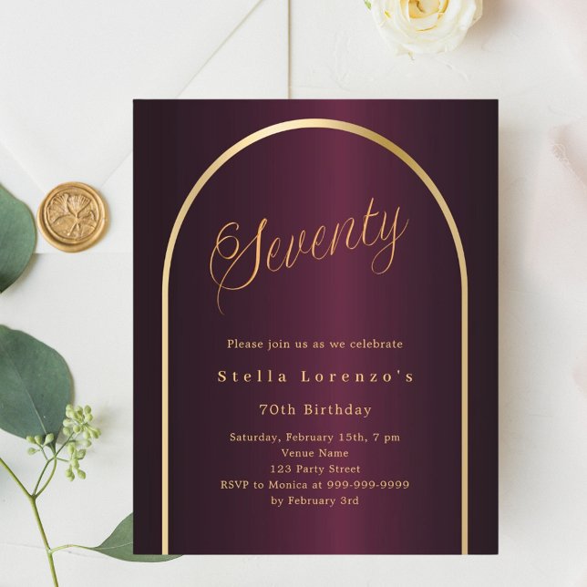 70th birthday burgundy gold arch script invitation (Creator Uploaded)