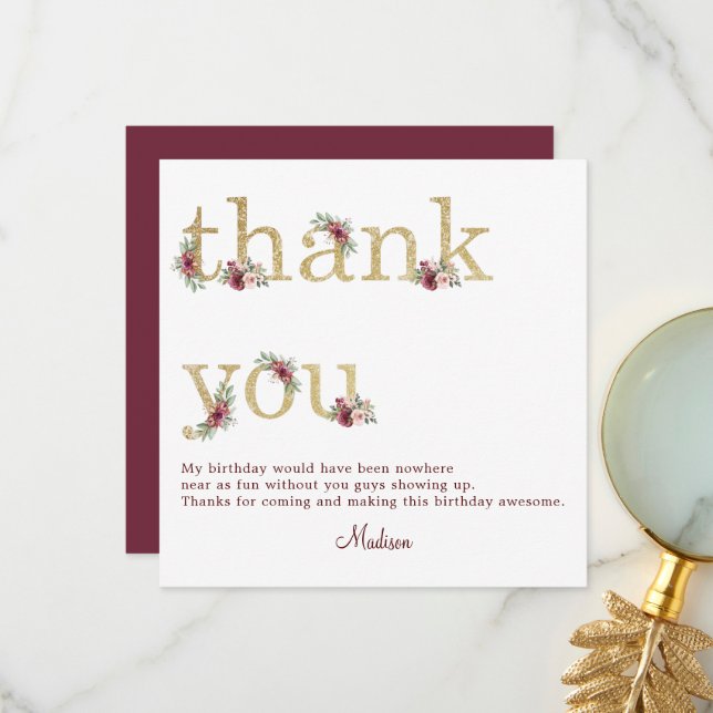70th Birthday Burgundy Gold Floral Thank You Card (Front/Back In Situ)