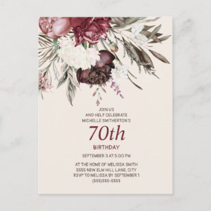 70th Birthday Burgundy Ivory Floral Cream Postcard
