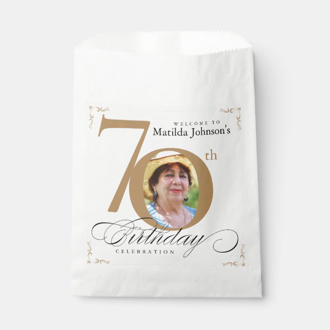 70th Birthday Calligraphy Gold White Elegant Photo Favour Bag (Front)