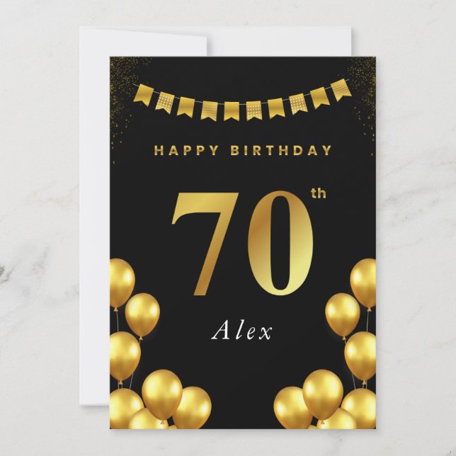 70th Birthday Card Black and Gold Balloons (Front)