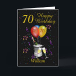 70th Birthday Celebration Black Gold Card<br><div class="desc">A stylish Happy birthday 70th age card. This card features an ice bucket , bottle of bubbly sparkling wine flute glasses and balloons and confetti all on a black background with gold coloured text. a lovely card to give to family and friends to congratulate them on their special birthday. Can...</div>