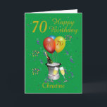 70th Birthday Celebration Green Gold Card<br><div class="desc">A stylish Happy birthday 70th age card. This card features an ice bucket , bottle of bubbly sparkling wine flute glasses and balloons and confetti all on a Green background with gold coloured text. a lovely card to give to family and friends to congratulate them on their special birthday. Can...</div>