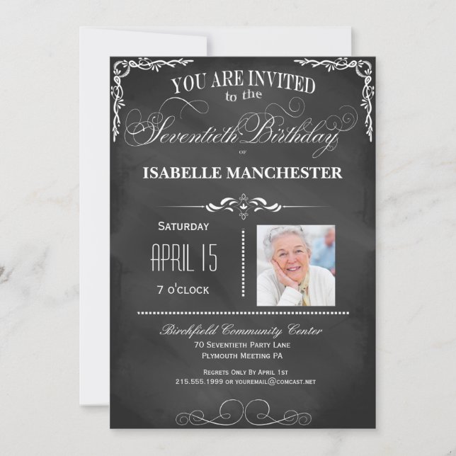 70th Birthday Chalkboard Typography Party Invite (Front)