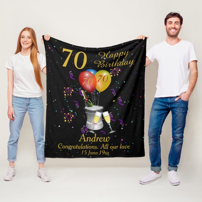 70th Birthday Champagne Black Fleece Blanket (In Situ)