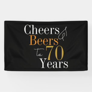 70th Birthday Cheers and Beers Black Gold Party Banner