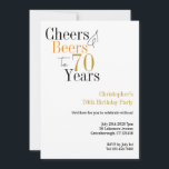 70th Birthday Cheers and Beers Minimal Party Invitation<br><div class="desc">This is a cool and modern, personalised 70th birthday party design. It is a simple, minimal design, in classic black and white with gold and orange typography. Perfect for a cool and fun, 70th birthday party. It has "Cheers and Beers to 70 Years" and space you to add your party...</div>