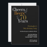 70th Birthday Cheers and Beers Party Invitation<br><div class="desc">This is a cool and modern, personalised 70th birthday party design. It is a simple, minimal design, in classic black and gold typography. Perfect for a cool and fun, 70th birthday party. It has "Cheers and Beers to 70 Years" and space you to add your party information. To personalise, simply...</div>