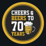 70th Birthday Cheers & Beers to 70 Years Funny Classic Round Sticker<br><div class="desc">70th Birthday Cheers & Beers to 70 Years</div>