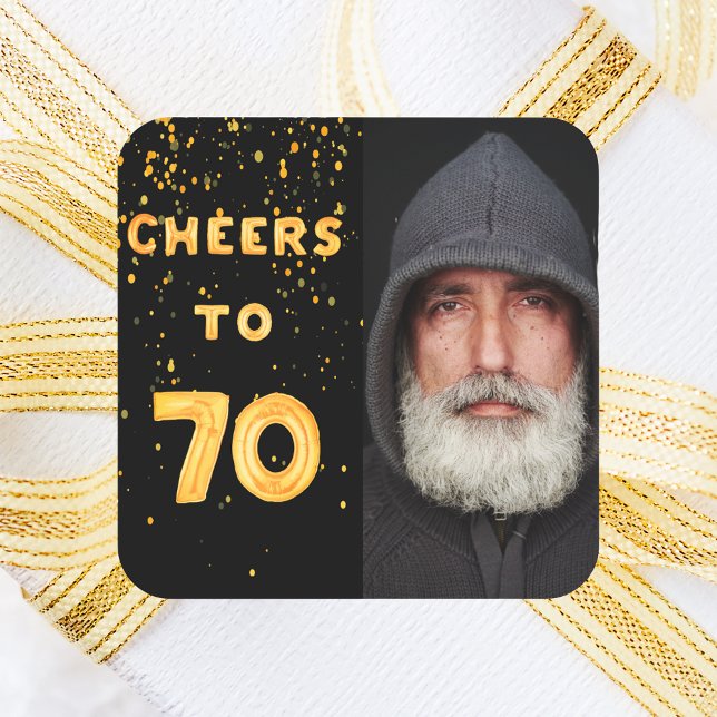 70th birthday cheers to 70 gold balloon text black square sticker (Creator Uploaded)
