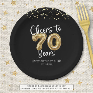 70th Birthday Cheers to 70 Years Black Gold Paper Paper Plate