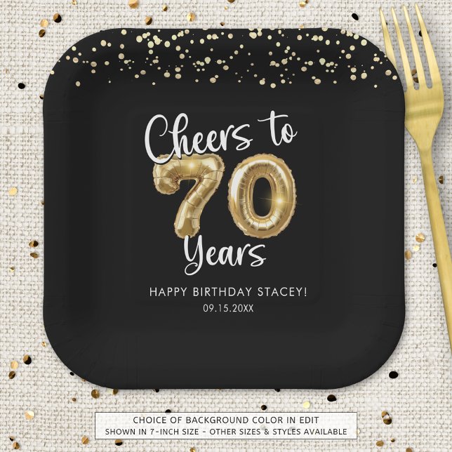70th Birthday Cheers to 70 Years Black Gold Paper Paper Plate (Creator Uploaded)