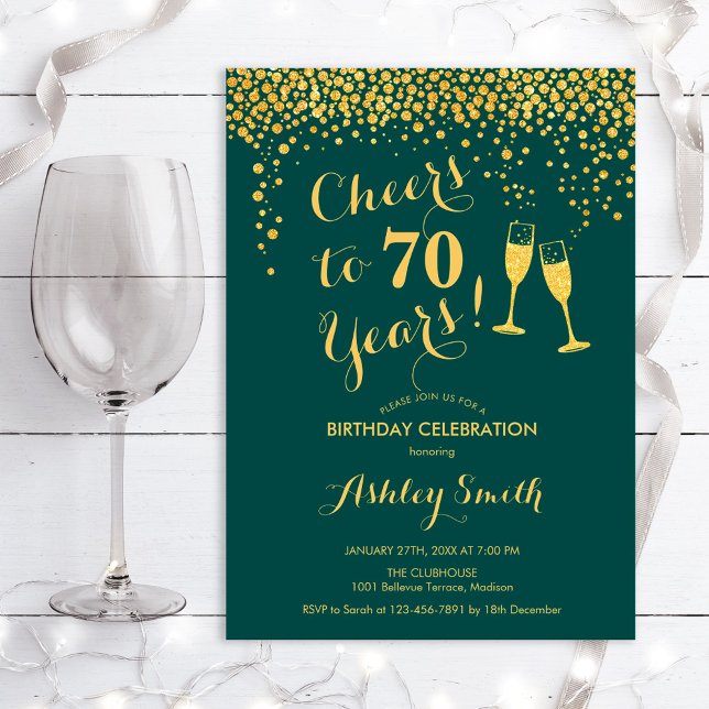 70th Birthday - Cheers To 70 Years Emerald Green Invitation (Creator Uploaded)