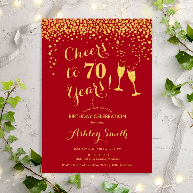 70th Birthday - Cheers To 70 Years Gold Red Invitation (Creator Uploaded)