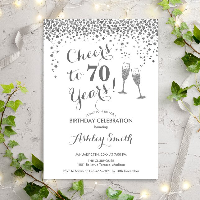 70th Birthday - Cheers To 70 Years Silver White Invitation (Creator Uploaded)