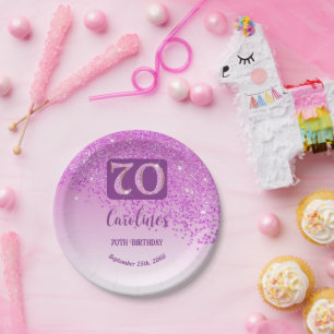 70th Birthday Chic Falling Pink Glitter Paper Plate