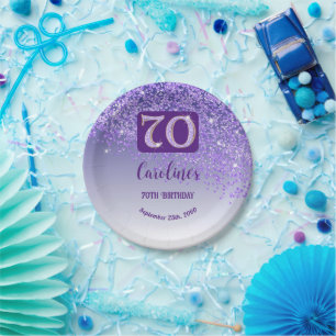 70th Birthday Chic Falling Purple Glitter Paper Plate