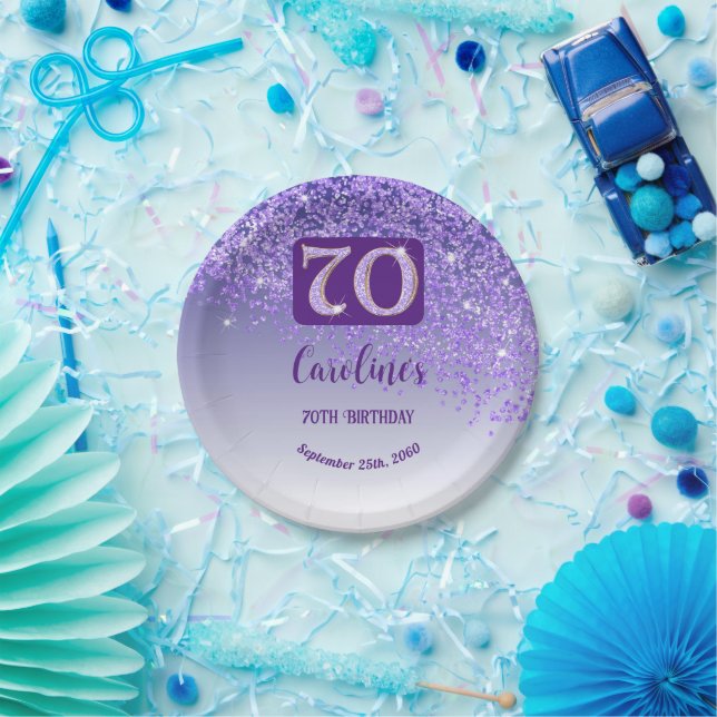 70th Birthday Chic Falling Purple Glitter Paper Plate (Party)