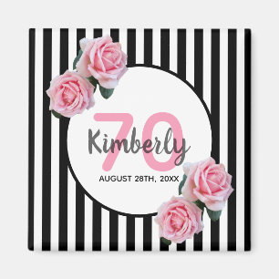 70th birthday chic pink roses black white stripes magnet