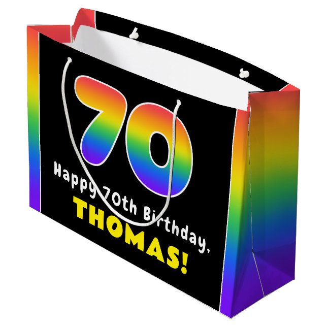 70th Birthday: Colourful Rainbow # 70, Custom Name Large Gift Bag (Back Angled)
