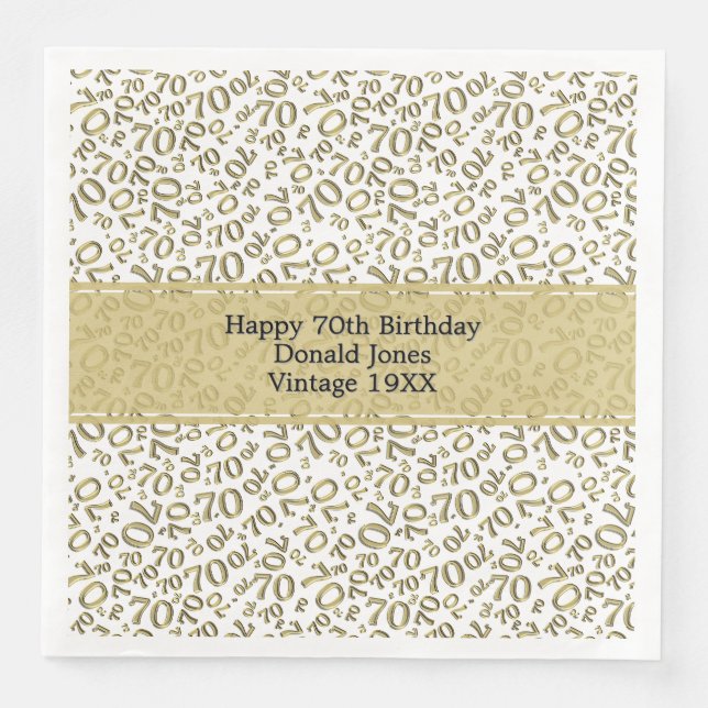 70th Birthday Cool Number Pattern Gold/White Napkin (Front)