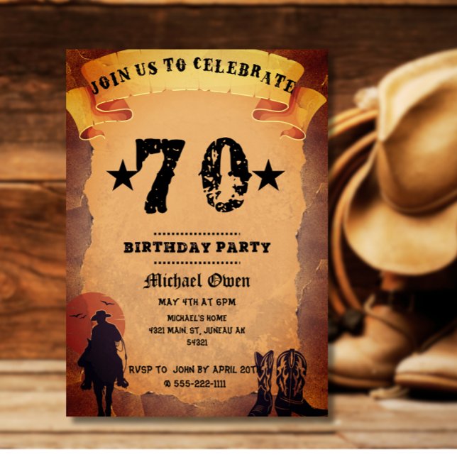 70th birthday cowboy old paper horse riding party invitation (Creator Uploaded)