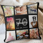 70th birthday custom photo collage woman black cushion<br><div class="desc">A unique gift for a womans 70th birthday, celebrating her life with a collage of 8 of your own photos, pictures. Personalize and add her name, age 70 and a date. A chic black background. Gray and white letters and numbers. The name is written with a modern hand lettered style...</div>