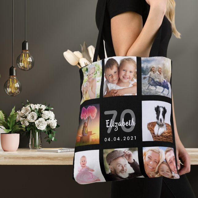 70th birthday custom photo collage woman black tote bag (Creator Uploaded)
