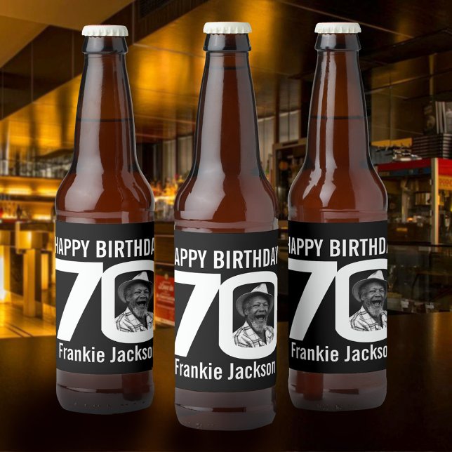 70th Birthday custom photo name black white Beer Bottle Label (Creator Uploaded)