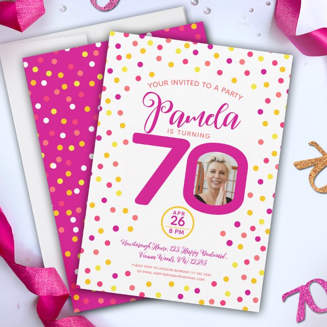 70th birthday custom photos pink yellow confetti invitation (Creator Uploaded)