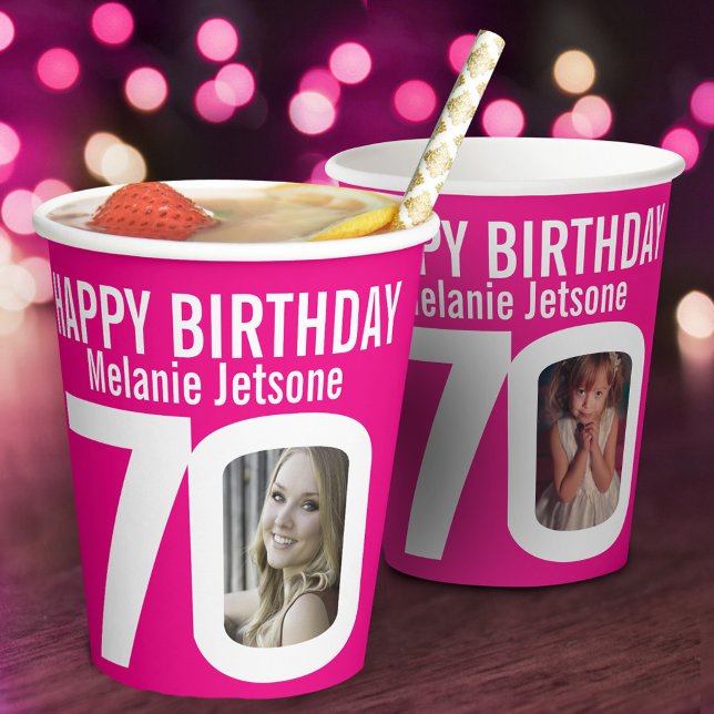 70th birthday custom two photo pink white paper cups (Creator Uploaded)