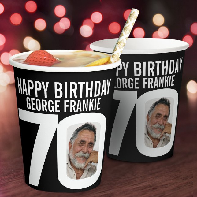 70th birthday custom two photos black white paper cups (Creator Uploaded)