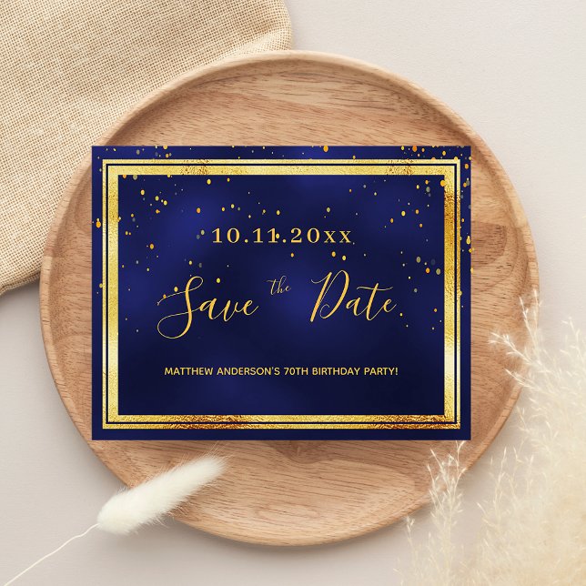 70th birthday dark blue gold save the date postcard (Creator Uploaded)