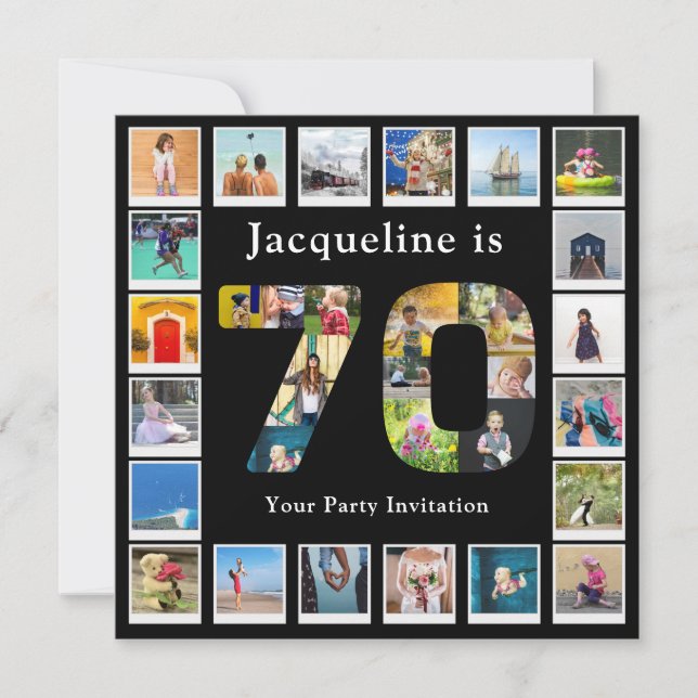 70th Birthday Design Your own Photo Collage Black Invitation (Front)