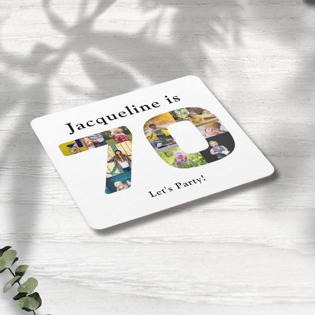 70th Birthday Design Your own Photo Collage Square Paper Coaster (70th birthday party coaster family photo collage template)