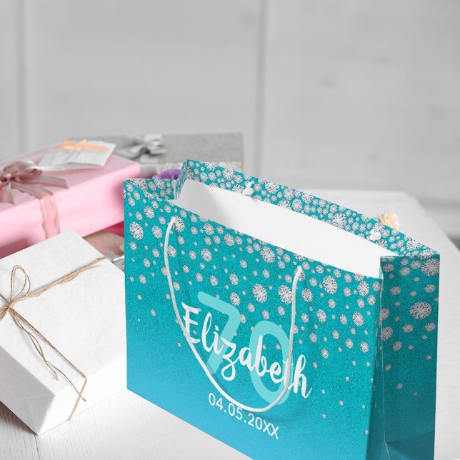 70th birthday diamonds glitter on teal blue green large gift bag (Creator Uploaded)
