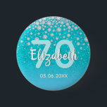 70th birthday diamonds glitter teal blue green 6 cm round badge<br><div class="desc">An elegant, glamourous and girly 70th birthday party button. Teal, blue green coloured faux glitter with faux diamond sprinkle and a golden frame. Templates for a name, age 70 and a date. Date of birth or the date of the party/anniversary. White and teal coloured letters. The name is written with...</div>